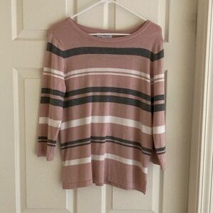 Liz Claiborne Women's 3/4 Sleeve Sweater - Pink, Grey and White Stripes -Small